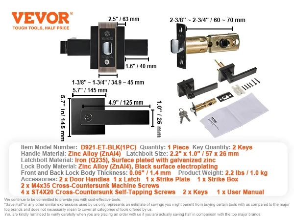 VEVOR entry door handle with dimensions, materials, accessories, and installation guide.