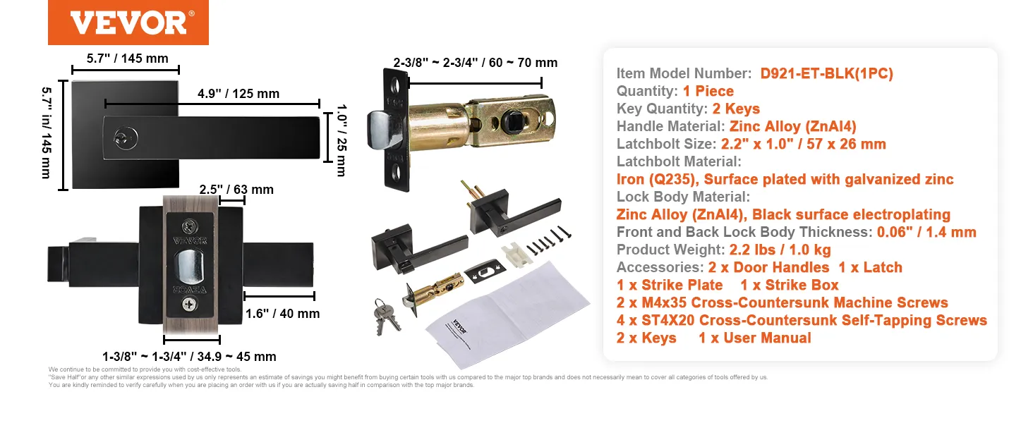 VEVOR entry door handle with dimensions, materials, accessories, and installation guide.
