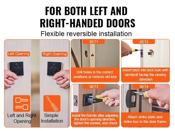 VEVOR entry door handle installation for left and right-handed doors with step-by-step instructions.