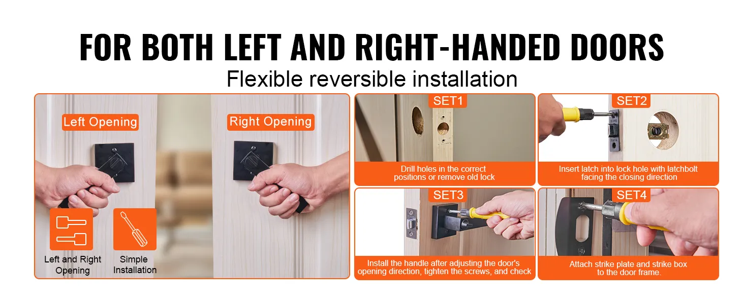 VEVOR entry door handle installation for left and right-handed doors with step-by-step instructions.