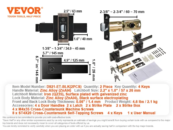 VEVOR entry lever door handle, black zinc alloy handles, latch, accessories, dimensions, and details.