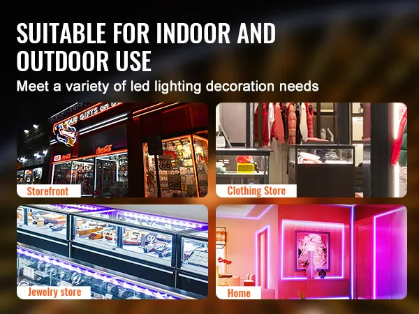Luces LED de escaparates VEVOR en uso para exhibir escaparates, tiendas de ropa, joyerías y configuraciones hogareñas.