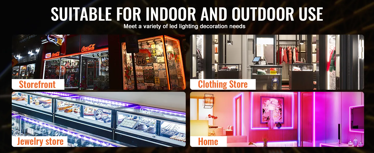 Luces LED de escaparates VEVOR en uso para exhibir escaparates, tiendas de ropa, joyerías y configuraciones hogareñas.