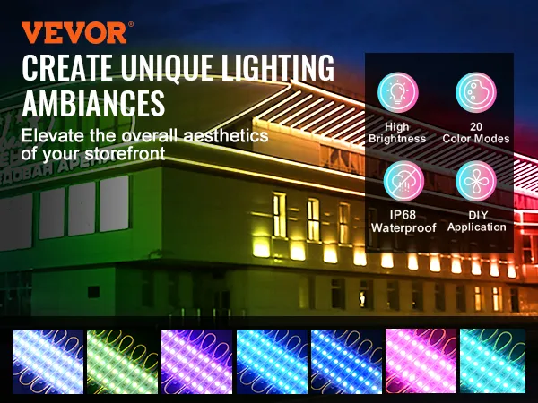 VEVOR led storefront lights highlighting a building with colorful, customizable, waterproof features.