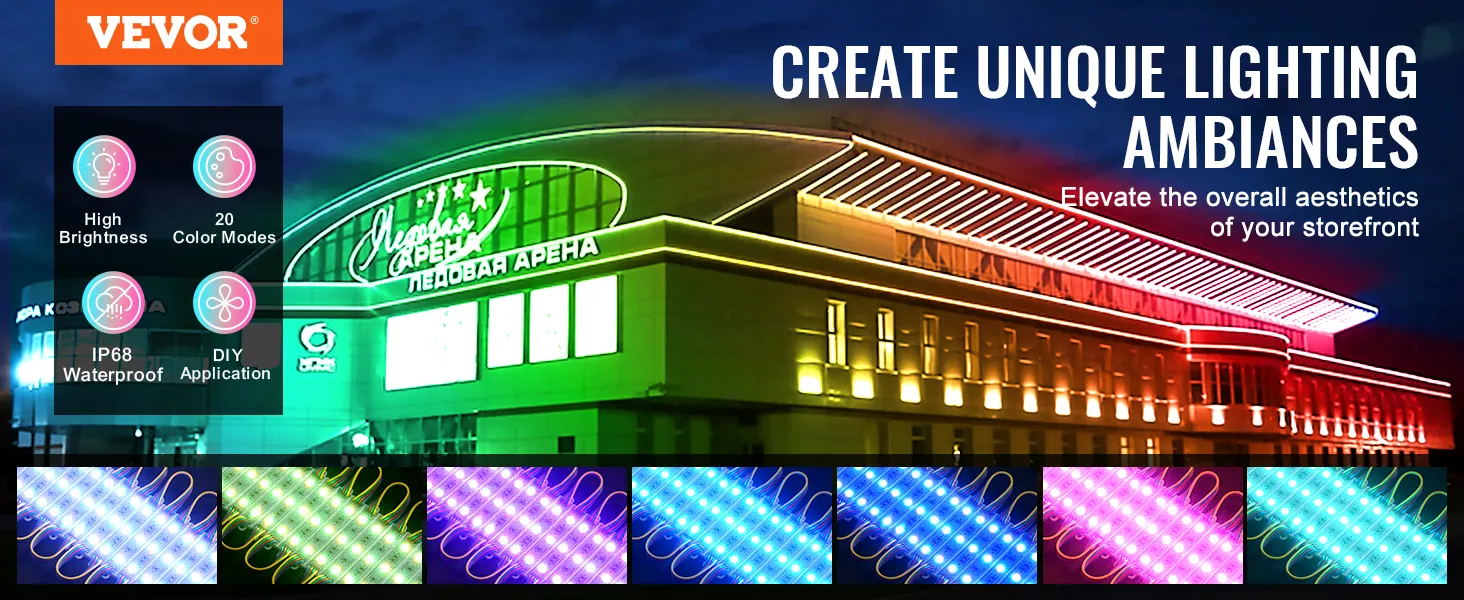VEVOR led storefront lights highlighting a building with colorful, customizable, waterproof features.
