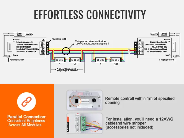 VEVOR led storefront lights setup guide, showing connection diagram, power supply, and installation steps.