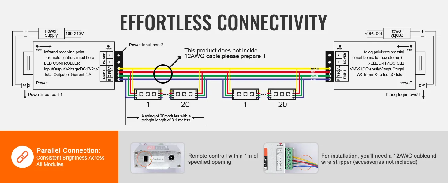 VEVOR led storefront lights setup guide, showing connection diagram, power supply, and installation steps.