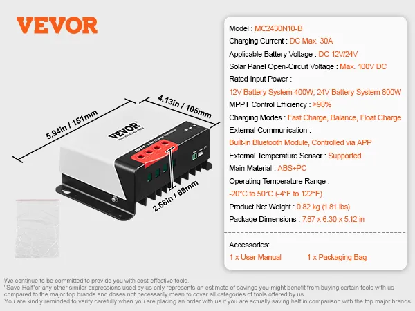 Regolatore di carica solare VEVOR MPPT con Bluetooth, 30 A, 12 V/24 V, carica rapida, carica di mantenimento.