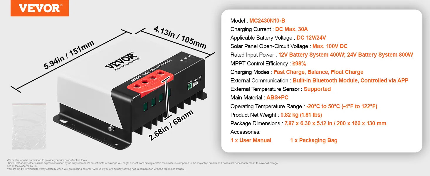 Regolatore di carica solare VEVOR MPPT con Bluetooth, 30 A, 12 V/24 V, carica rapida, carica di mantenimento.