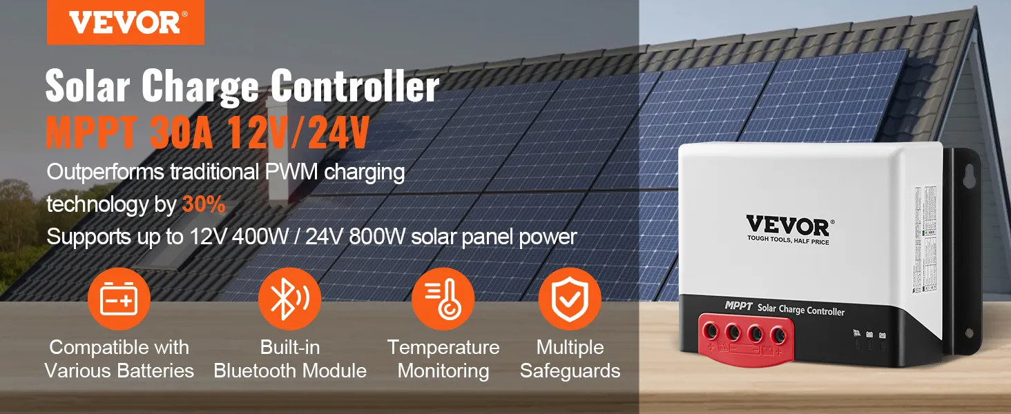 Regolatore di carica solare MPPT VEVOR con pannelli solari, supporta 12 V/24 V, Bluetooth integrato e protezioni.