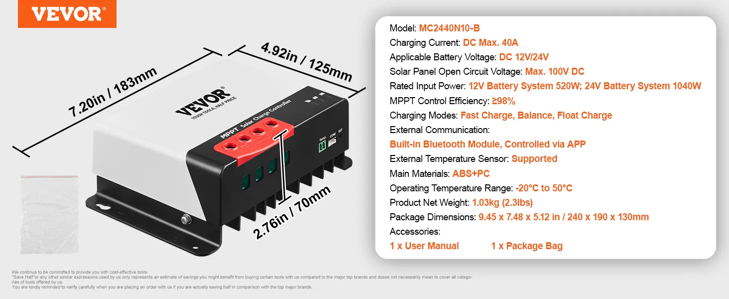 VEVOR mppt zonnelaadregelaar, model mc2440n10-b, 12v/24v, 40a, bluetoothmodule, 183mm x 125mm x 70mm.