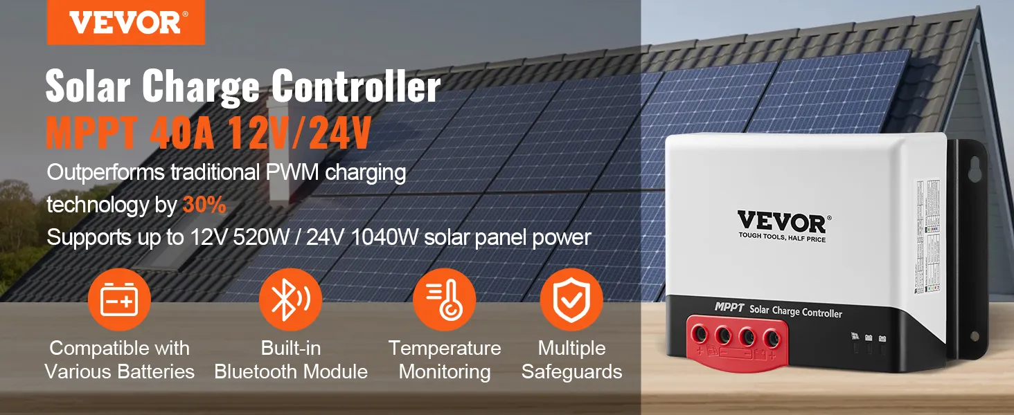 VEVOR mppt zonnelaadregelaar voor zonnepanelen, met nadruk op bluetooth en veiligheidsfuncties.
