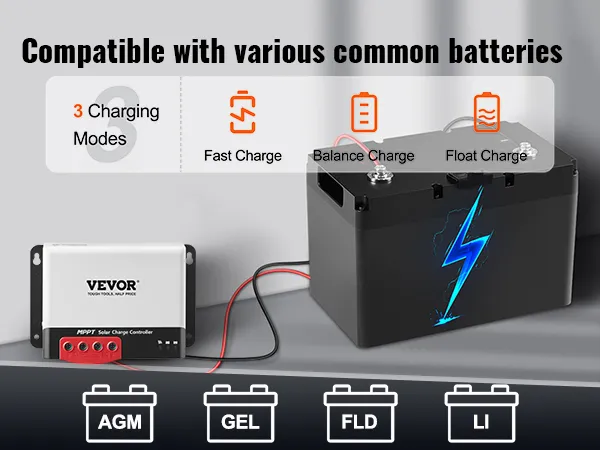 VEVOR mppt zonnelaadregelaar compatibel met agm-, gel-, natte en lithium-accu's, 3 modi.