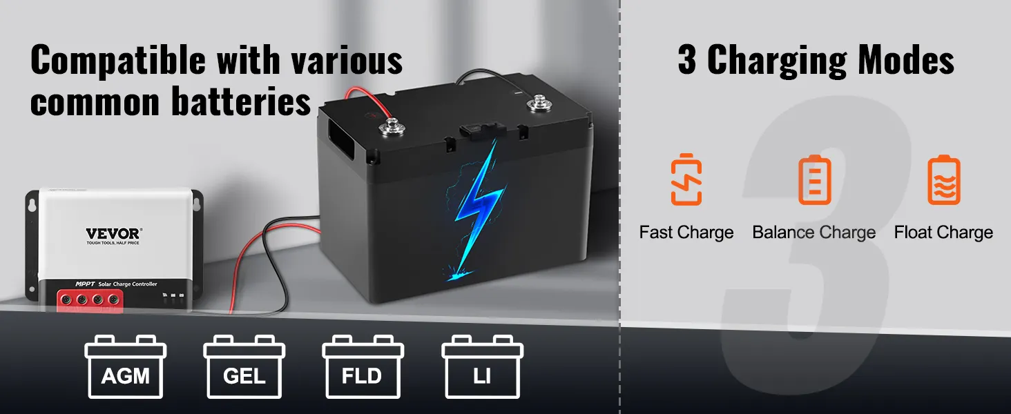 VEVOR mppt zonnelaadregelaar compatibel met agm-, gel-, natte en lithium-accu's, 3 modi.