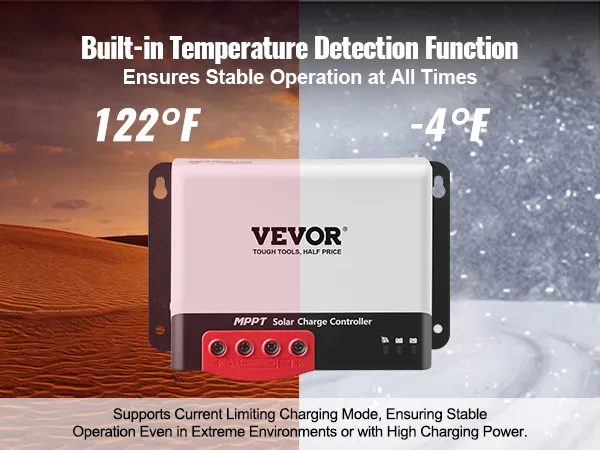 De VEVOR mppt-zonnelaadregelaar werkt bij temperaturen tussen 50°C en -20°C en zorgt voor stabiliteit bij extreme temperaturen.