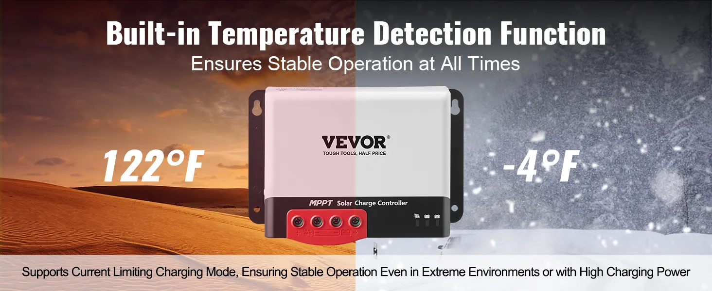 De VEVOR mppt-zonnelaadregelaar werkt bij temperaturen tussen 50°C en -20°C en zorgt voor stabiliteit bij extreme temperaturen.