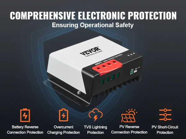 VEVOR mppt zonnelaadregelaar met uitgebreide elektronische beveiliging voor operationele veiligheid.