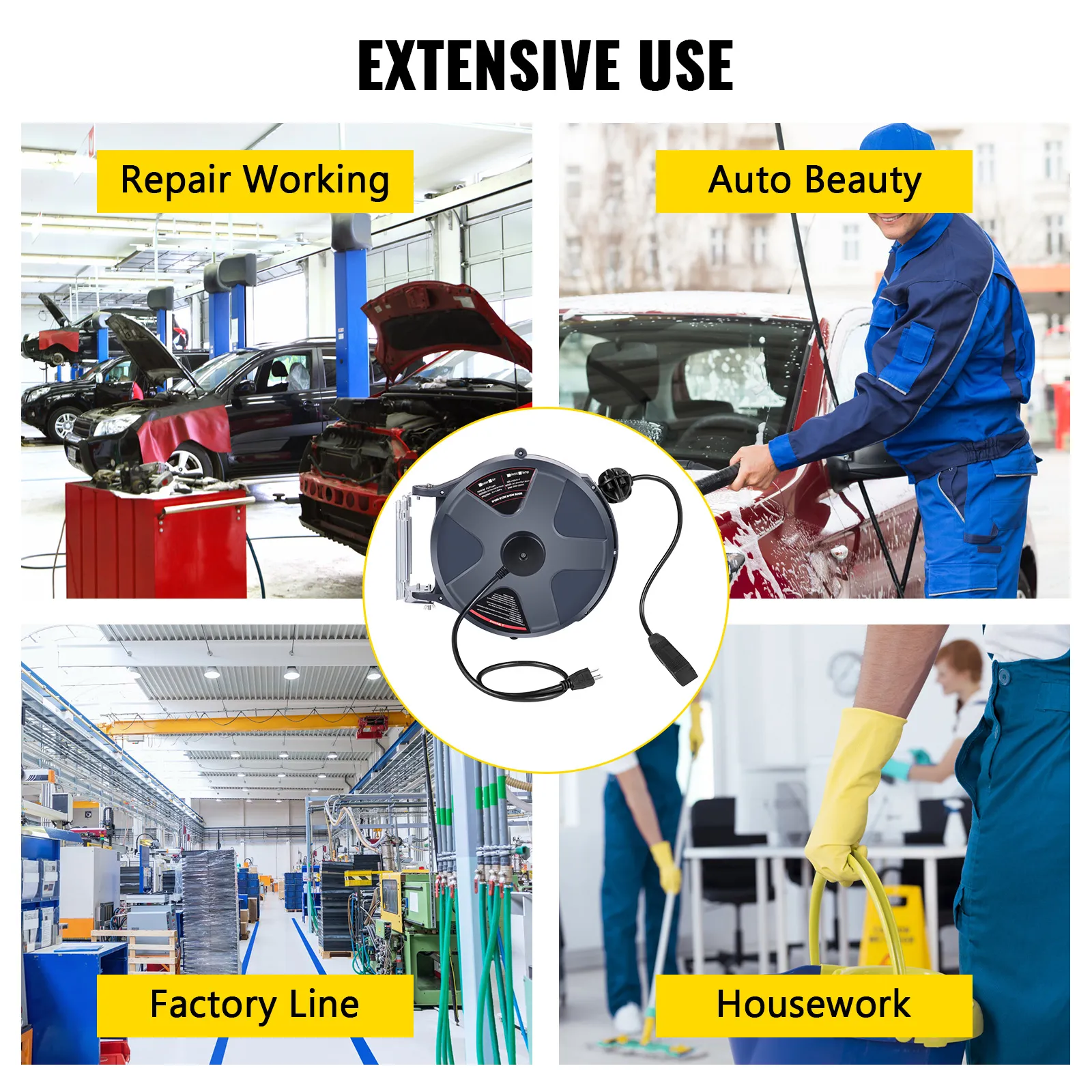 Carrete de cable de extensión retráctil VEVOR utilizado en trabajos de reparación, servicio de automóviles, fábricas y tareas domésticas.