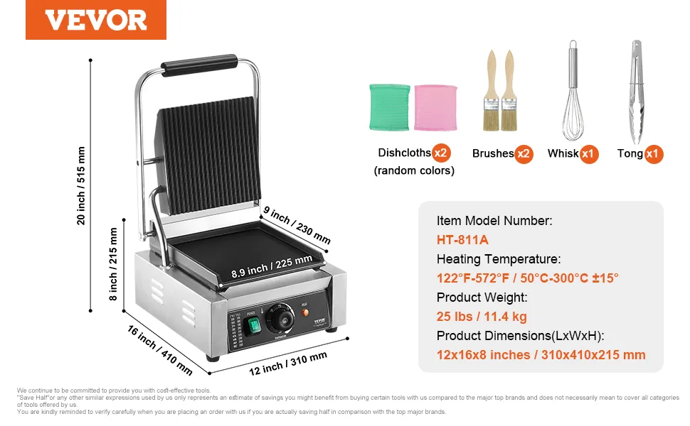 VEVOR panini press specifications: dimensions, weight, heating range, and included accessories.