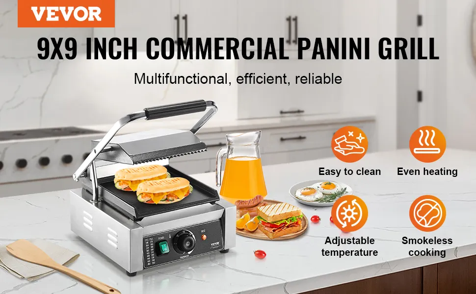VEVOR panini press on kitchen counter with two sandwiches, orange juice, and features icons.
