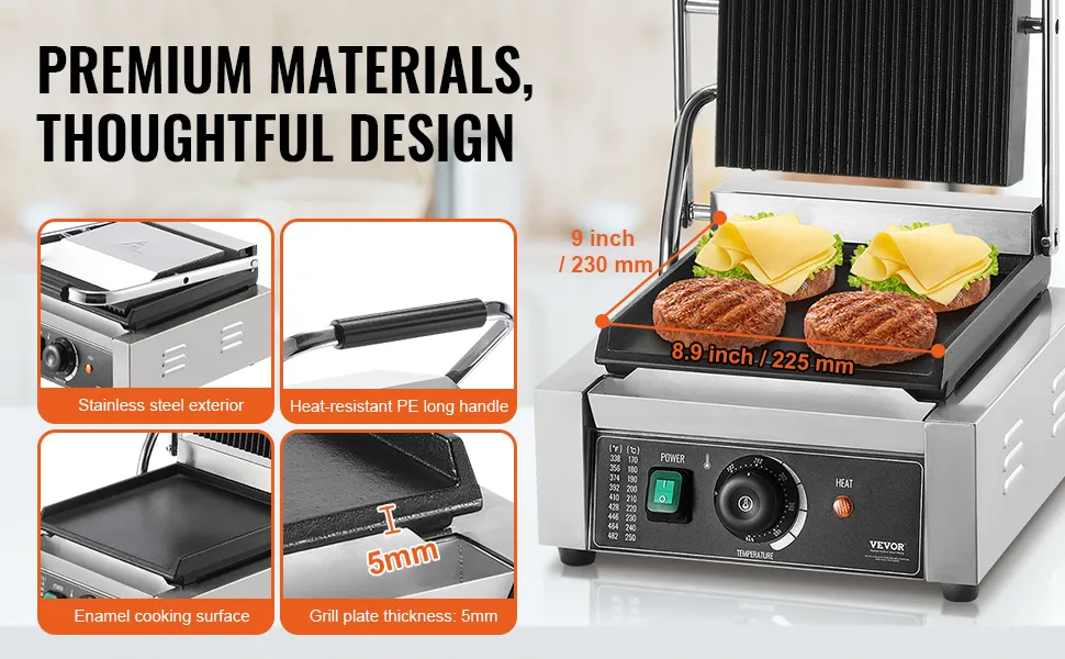 VEVOR panini press with enamel cooking surface, stainless steel exterior, and heat-resistant handle.