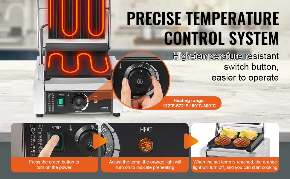 VEVOR panini press with precise temperature control, green power button, and heating indicator lights.