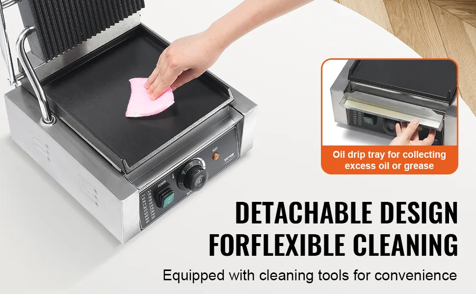 VEVOR panini press with detachable design, easy cleaning, and oil drip tray for grease collection.