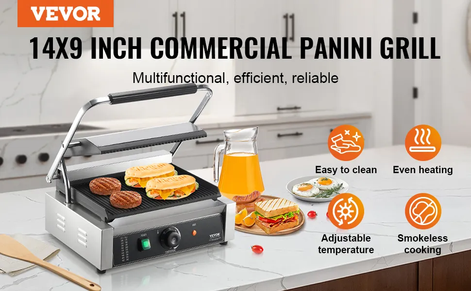 VEVOR panini press commercial grill on a kitchen countertop, with sandwiches and juice nearby.