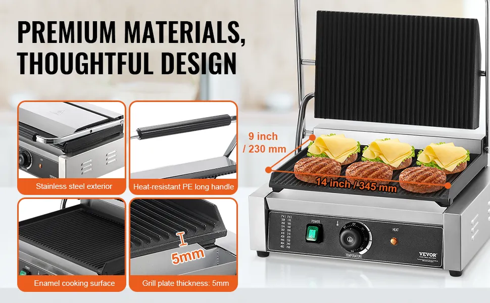 VEVOR panini press: stainless steel, enamel cooking surface, heat-resistant handle, 14x9 inch grill.
