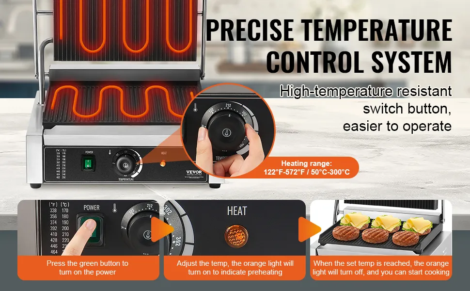 VEVOR panini press with precise temperature control, high-temp resistant switch, and heating indicator.
