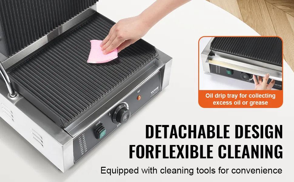 person cleaning the VEVOR panini press with a pink cloth, highlighting the detachable design and drip tray.