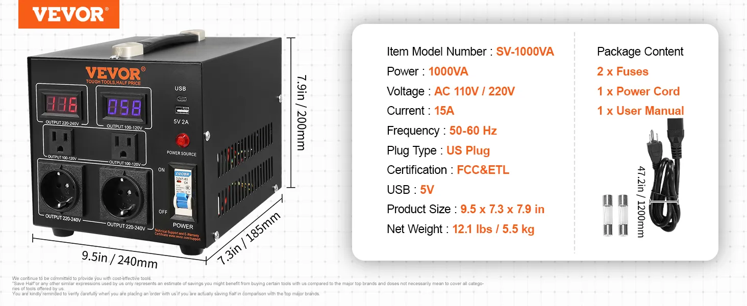 Transformador convertidor de voltaje VEVOR, 1000va, ac 110v/220v, 15a, con puertos usb y cable de alimentación.