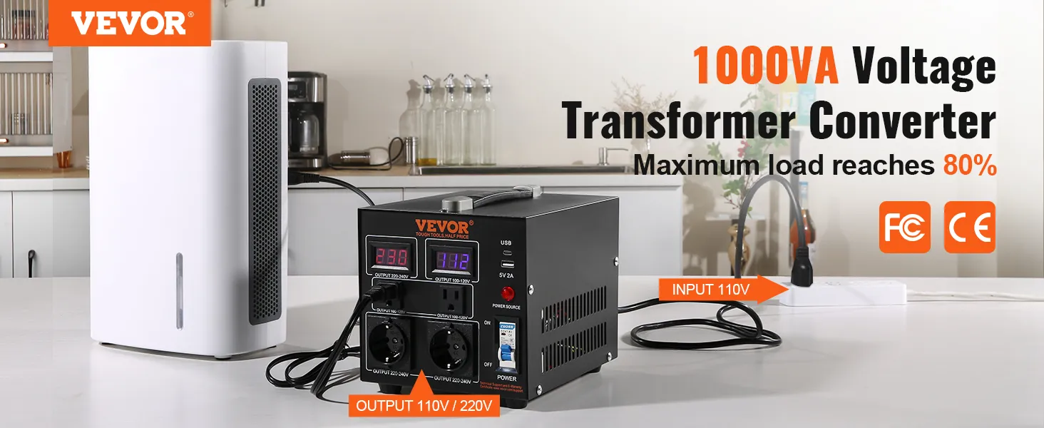 Transformador convertidor de voltaje VEVOR 1000va mostrado en el mostrador de la cocina con electrodomésticos.