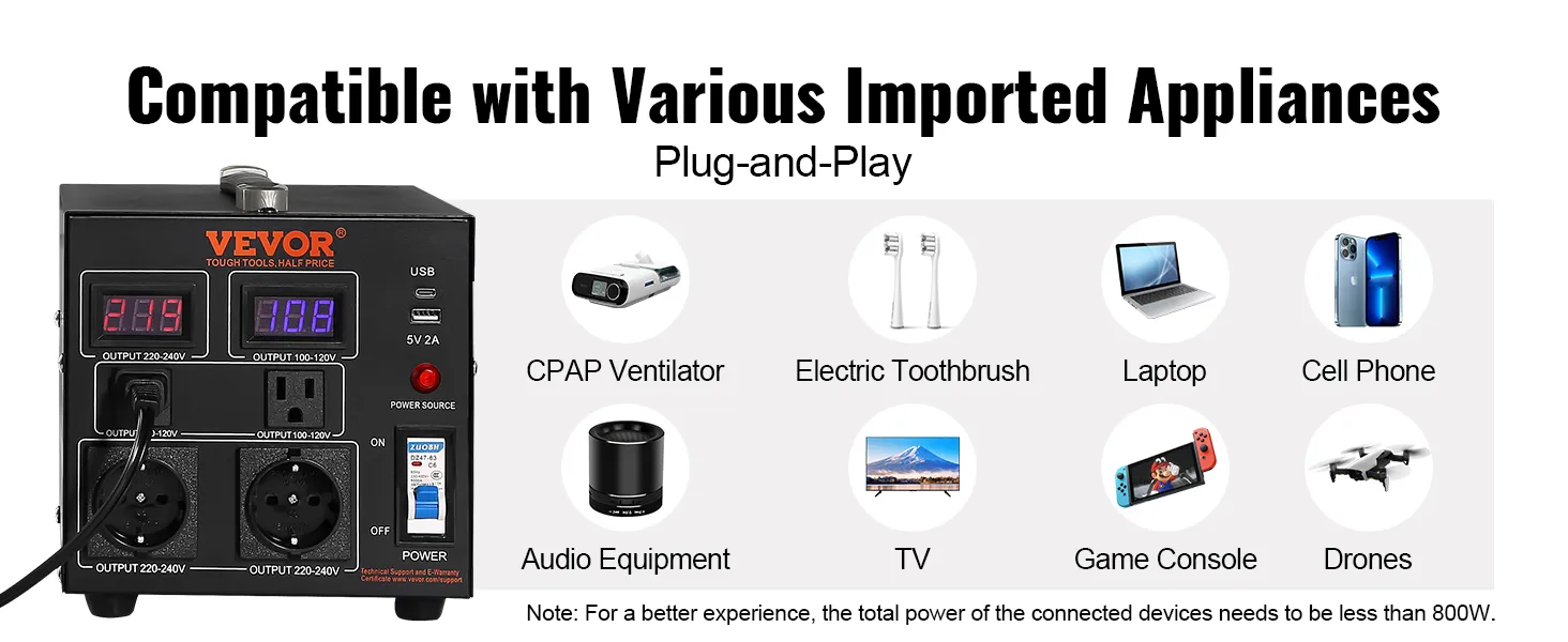 Transformador convertidor de voltaje VEVOR para ventilador CPAP, cepillo de dientes eléctrico, computadora portátil, teléfono celular.