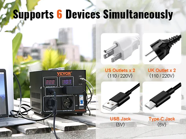 De VEVOR-spanningsomvormertransformator ondersteunt 6 apparaten met Amerikaanse en Britse stopcontacten, USB- en type-C-aansluitingen.