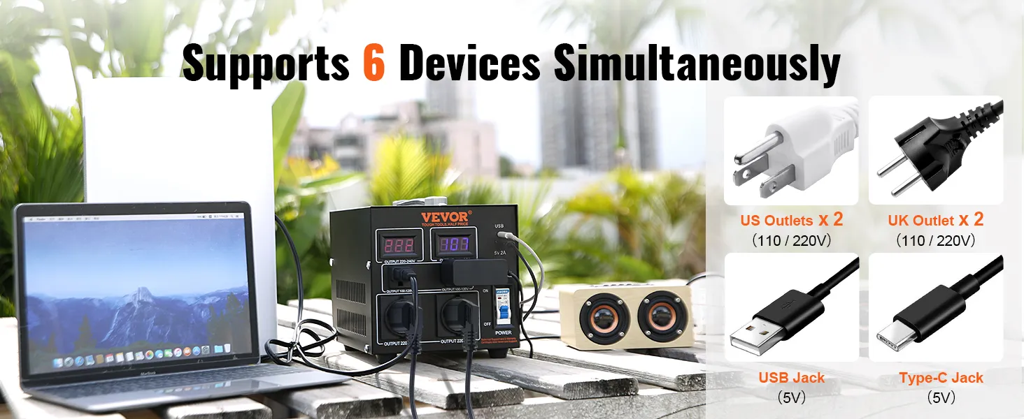 El transformador convertidor de voltaje VEVOR admite 6 dispositivos con enchufes de EE. UU., Reino Unido, USB y conectores tipo C.