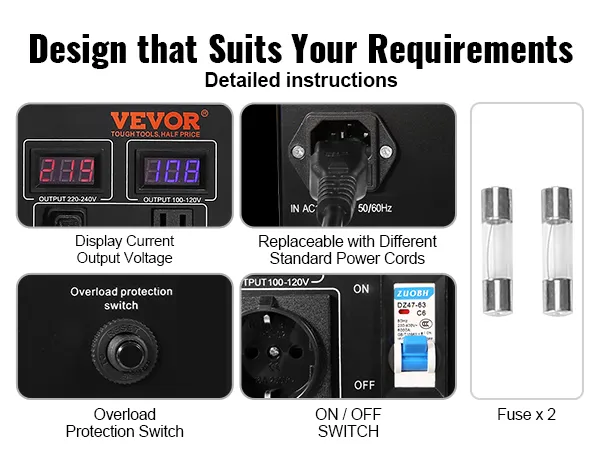 VEVOR spanningsomvormertransformator met spanningsweergave, overbelastingsbeveiliging, vervangbare snoeren en zekering.