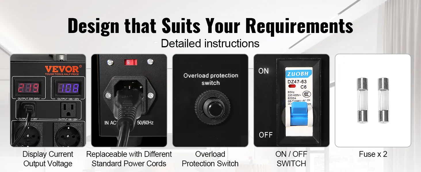 Transformador convertidor de voltaje VEVOR con pantalla de voltaje, interruptor de protección contra sobrecarga, cables reemplazables y fusible.