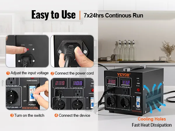 Gebruiksvriendelijke VEVOR spanningsomvormer met koelgaten, netsnoer en spanningsregelaar.