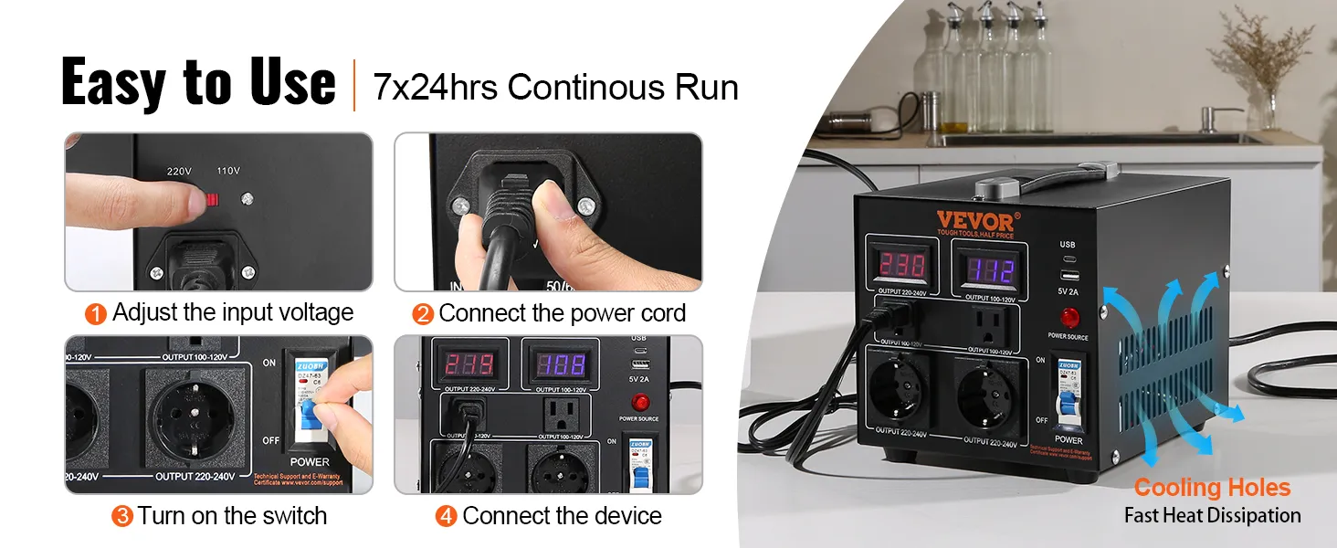 Transformador convertidor de voltaje VEVOR fácil de usar con orificios de enfriamiento, cable de alimentación y ajuste de voltaje.