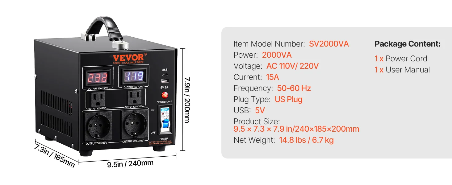 VEVOR voltage converter transformer, 2000va, ac 110v/220v, 15a, dual usb, us plug.