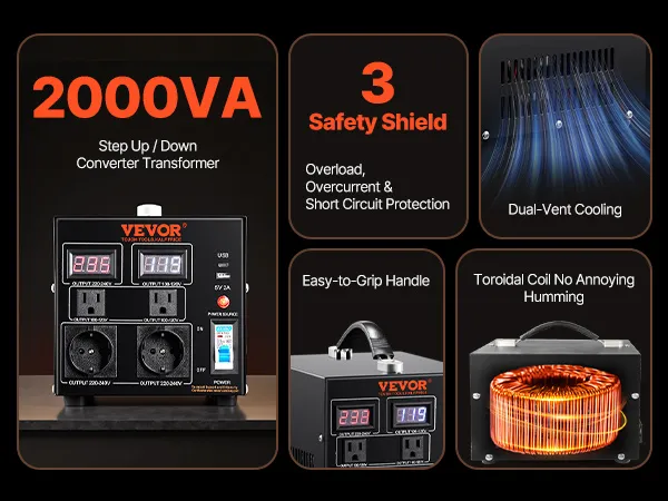 VEVOR-Spannungswandler-Transformator 2000 VA mit 110 V- und 220 V-Ausgängen für die Küchentheke.