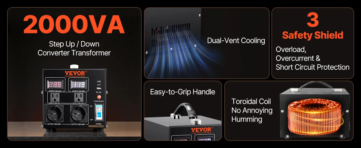 VEVOR voltage converter transformer 2000va 110v to 220v maximum load 80% with usb port.
