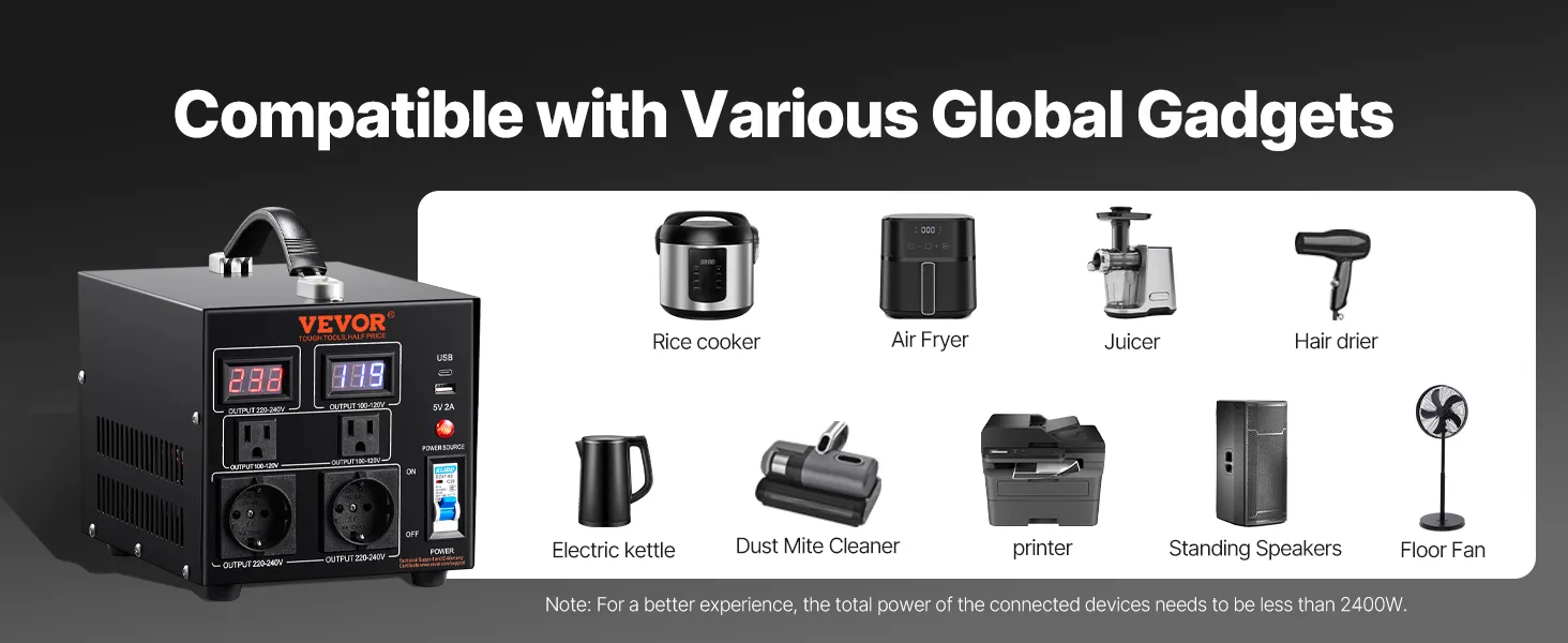 VEVOR voltage converter transformer compatible with cpap ventilator, laptop, cell phone, and tv.