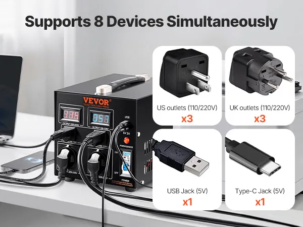 Der Spannungswandler-Transformator von VEVOR unterstützt 6 Geräte mit US- und UK-Steckdosen, USB- und Typ-C-Buchsen.