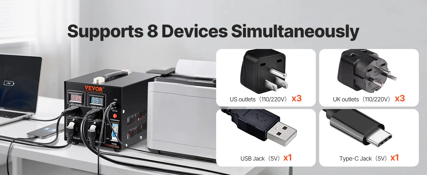 VEVOR voltage converter transformer supports 6 devices with us, uk outlets, usb, and type-c jacks.