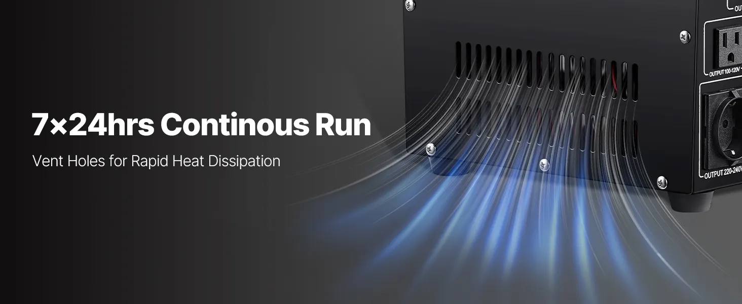 VEVOR voltage converter transformer with display, overload switch, power cords, and fuses.