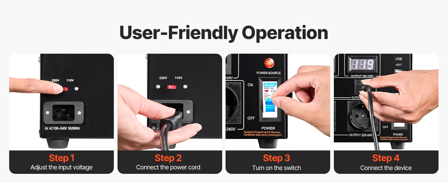 VEVOR voltage converter transformer setup guide showing input voltage adjustment and device connectivity.