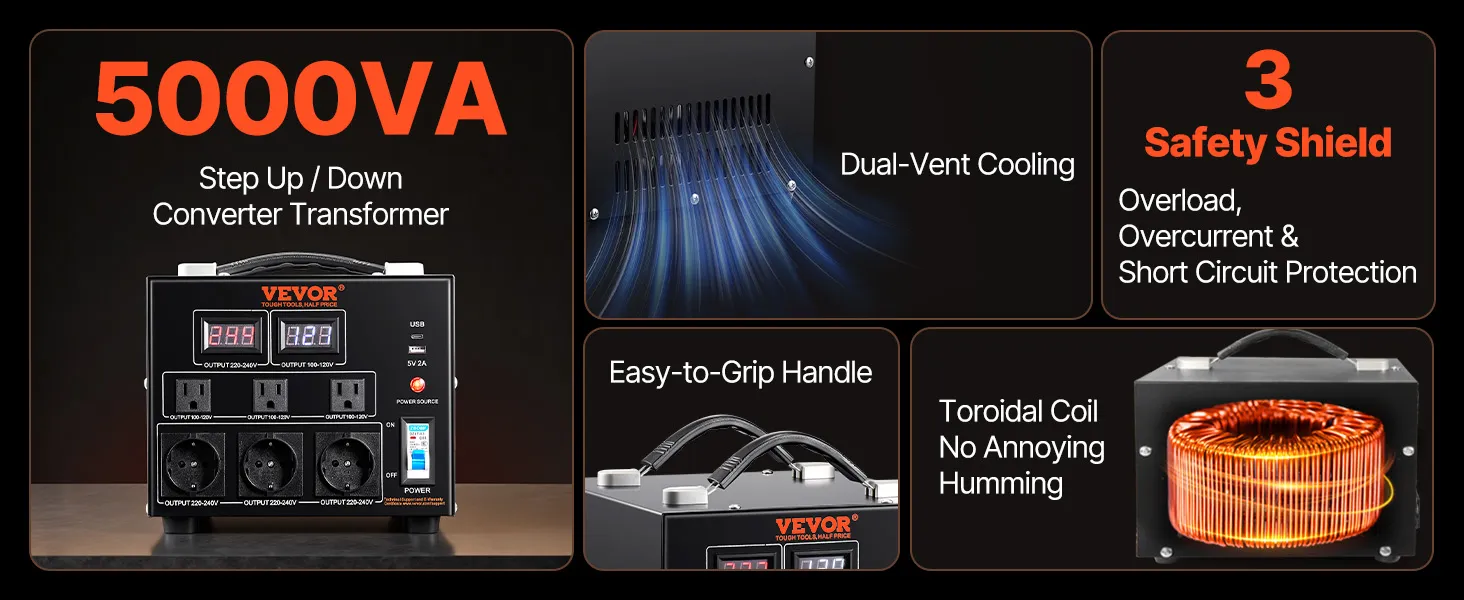 VEVOR Voltage Converter Transformer, 5000W, Heavy Duty Step Up/Down Transformer, Convert from 110 Volt to 220 Volt and  from 220 Volt to 110 Volt, with US Outlet EU Outlet 5V USB Port, CE Certified