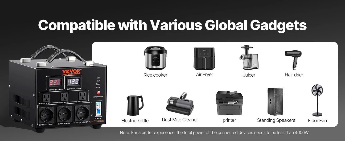 VEVOR Voltage Converter Transformer, 5000W, Heavy Duty Step Up/Down Transformer, Convert from 110 Volt to 220 Volt and  from 220 Volt to 110 Volt, with US Outlet EU Outlet 5V USB Port, CE Certified